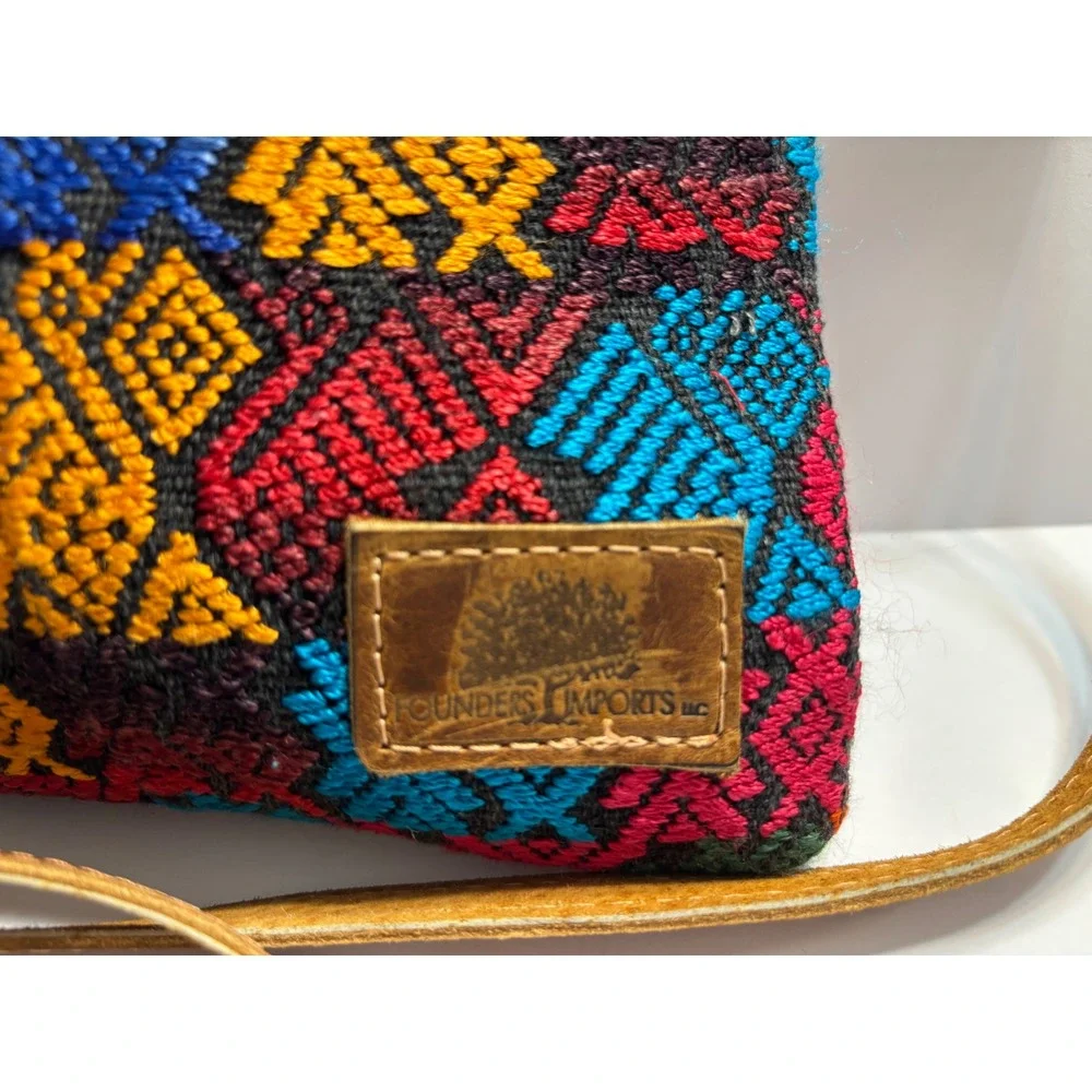 Founders Imports Crossbody Bag Small Multi Color Woven Boho Leather Strap PomPom